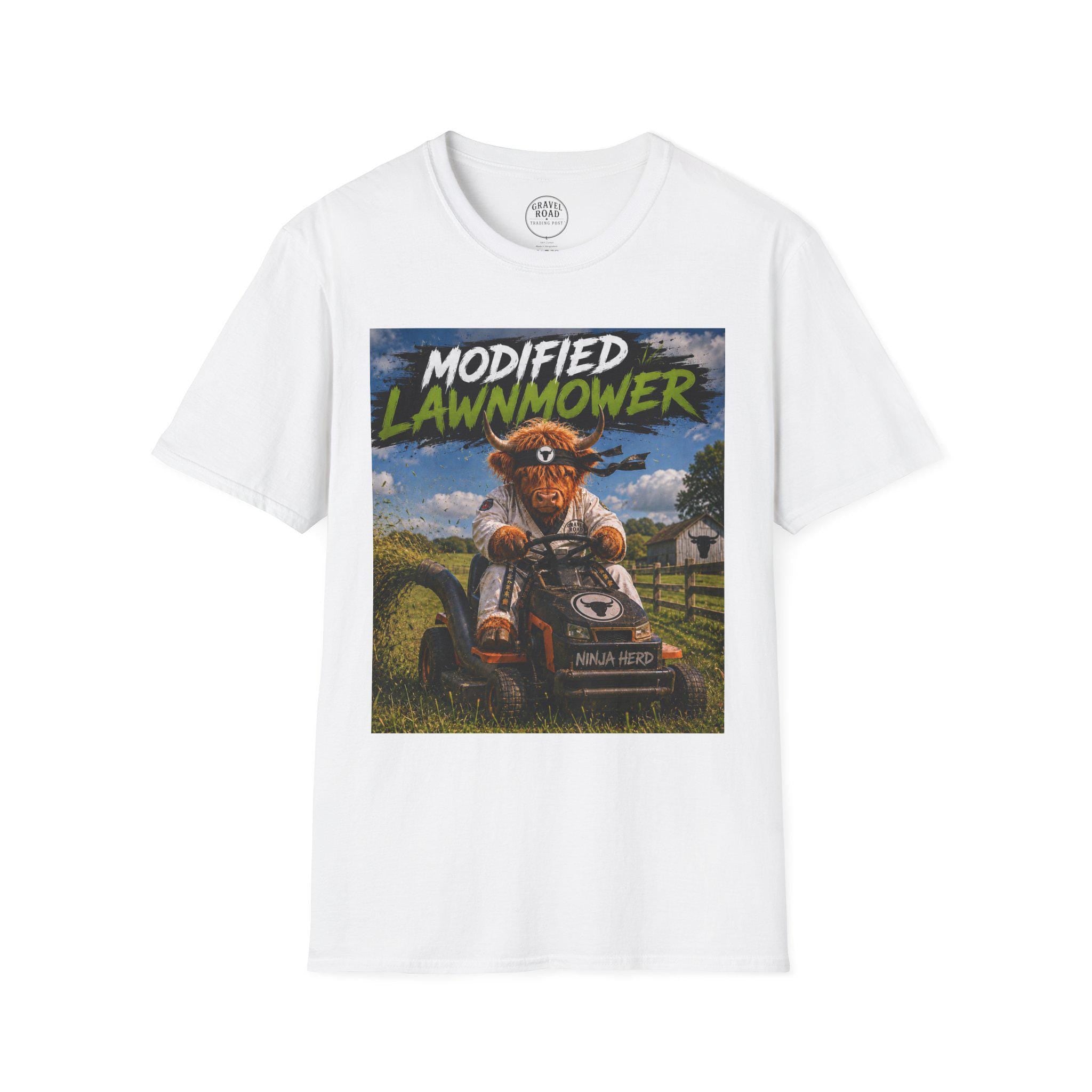 Modified lawn mower, funny, cow, Unisex Softstyle T-Shirt
